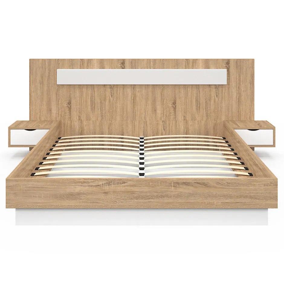 IDMarket Lit double SANTA avec tête de lit + tables de chevet intégrées et sommier 160 x 200 cm bois et blanc