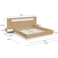 IDMarket Lit double SANTA avec tête de lit + tables de chevet intégrées et sommier 160 x 200 cm bois et blanc