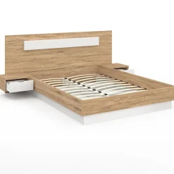 IDMarket Lit double SANTA avec tête de lit + tables de chevet intégrées et sommier 160 x 200 cm bois et blanc