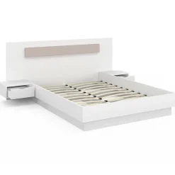 IDMarket Lit double SANTA avec tête de lit + tables de chevet intégrées et sommier 140 x 190 cm blanc