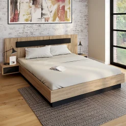 IDMarket Lit double SANTA avec tête de lit + tables de chevet intégrées et sommier 160 x 200 cm bois et noir
