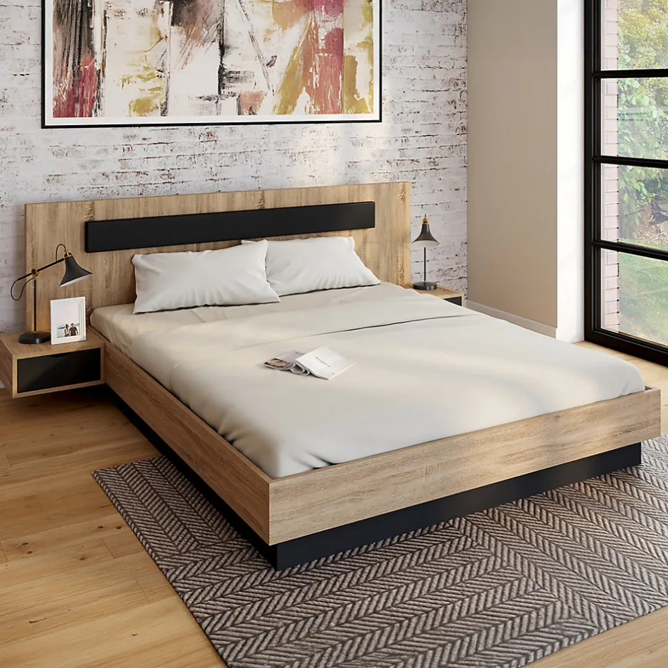 IDMarket Lit double SANTA avec tête de lit + tables de chevet intégrées et sommier 160 x 200 cm bois et noir