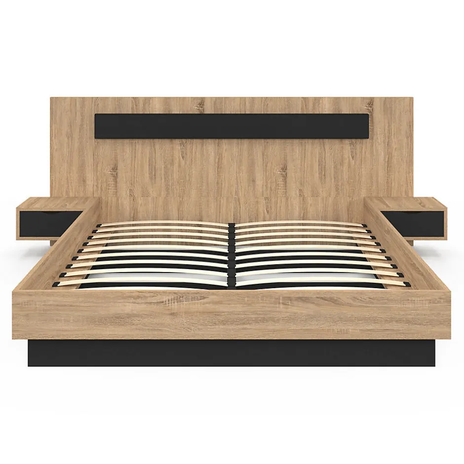IDMarket Lit double SANTA avec tête de lit + tables de chevet intégrées et sommier 160 x 200 cm bois et noir