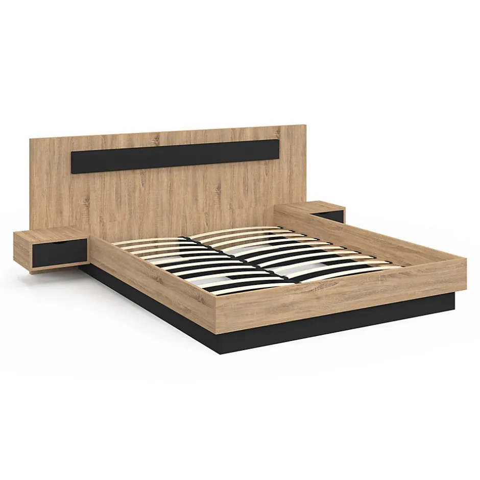 IDMarket Lit double SANTA avec tête de lit + tables de chevet intégrées et sommier 160 x 200 cm bois et noir