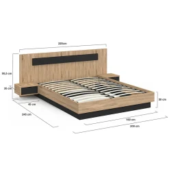 IDMarket Lit double SANTA avec tête de lit + tables de chevet intégrées et sommier 160 x 200 cm bois et noir