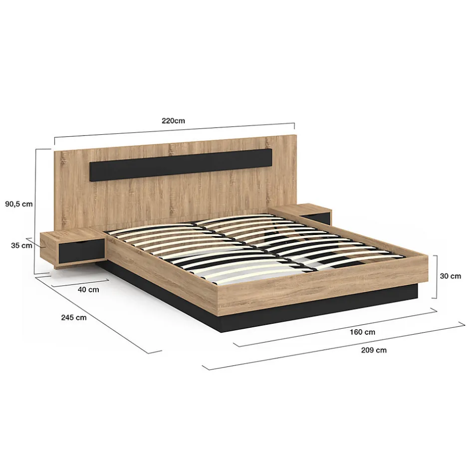 IDMarket Lit double SANTA avec tête de lit + tables de chevet intégrées et sommier 160 x 200 cm bois et noir