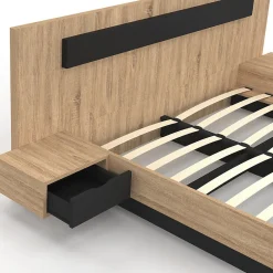 IDMarket Lit double SANTA avec tête de lit + tables de chevet intégrées et sommier 160 x 200 cm bois et noir