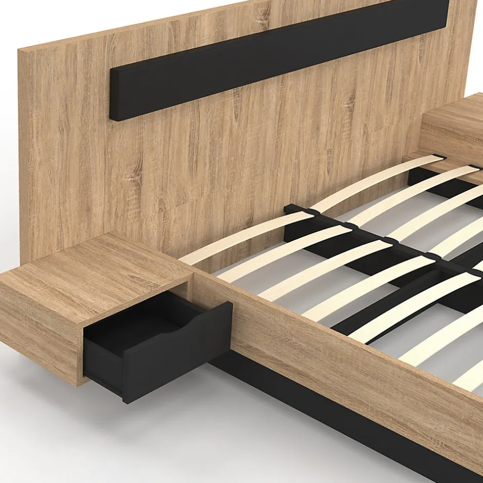 IDMarket Lit double SANTA avec tête de lit + tables de chevet intégrées et sommier 160 x 200 cm bois et noir