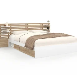 IDMarket Lit double SAVANA avec tête de lit, chevets, rangements et sommier 160 x 200 cm façon hêtre et blanc