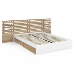 IDMarket Lit double SAVANA avec tête de lit, chevets, rangements et sommier 140 x 190 cm hêtre et blanc New