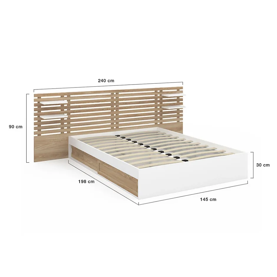 IDMarket Lit double SAVANA avec tête de lit, chevets, rangements et sommier 140 x 190 cm hêtre et blanc New