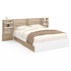 IDMarket Lit double SAVANA avec tête de lit, chevets, rangements et sommier 140 x 190 cm hêtre et blanc New