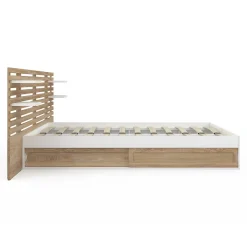IDMarket Lit double SAVANA avec tête de lit, chevets, rangements et sommier 140 x 190 cm hêtre et blanc New