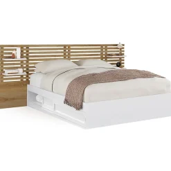 IDMarket Lit double SAVANA avec tête de lit, chevets, rangements et sommier 140 x 190 cm blanc et façon hêtre Discount