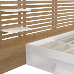 IDMarket Lit double SAVANA avec tête de lit, chevets, rangements et sommier 140 x 190 cm blanc et façon hêtre Discount
