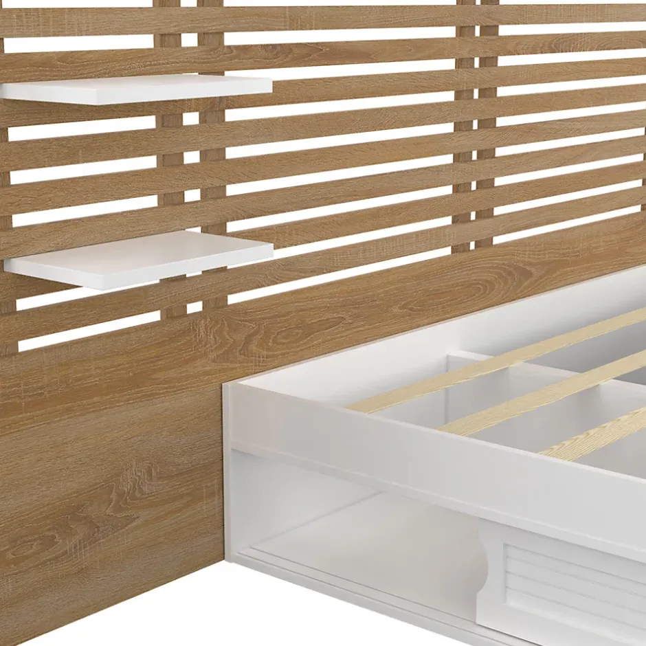 IDMarket Lit double SAVANA avec tête de lit, chevets, rangements et sommier 140 x 190 cm blanc et façon hêtre Discount