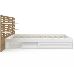 IDMarket Lit double SAVANA avec tête de lit, chevets, rangements et sommier 140 x 190 cm blanc et façon hêtre Discount