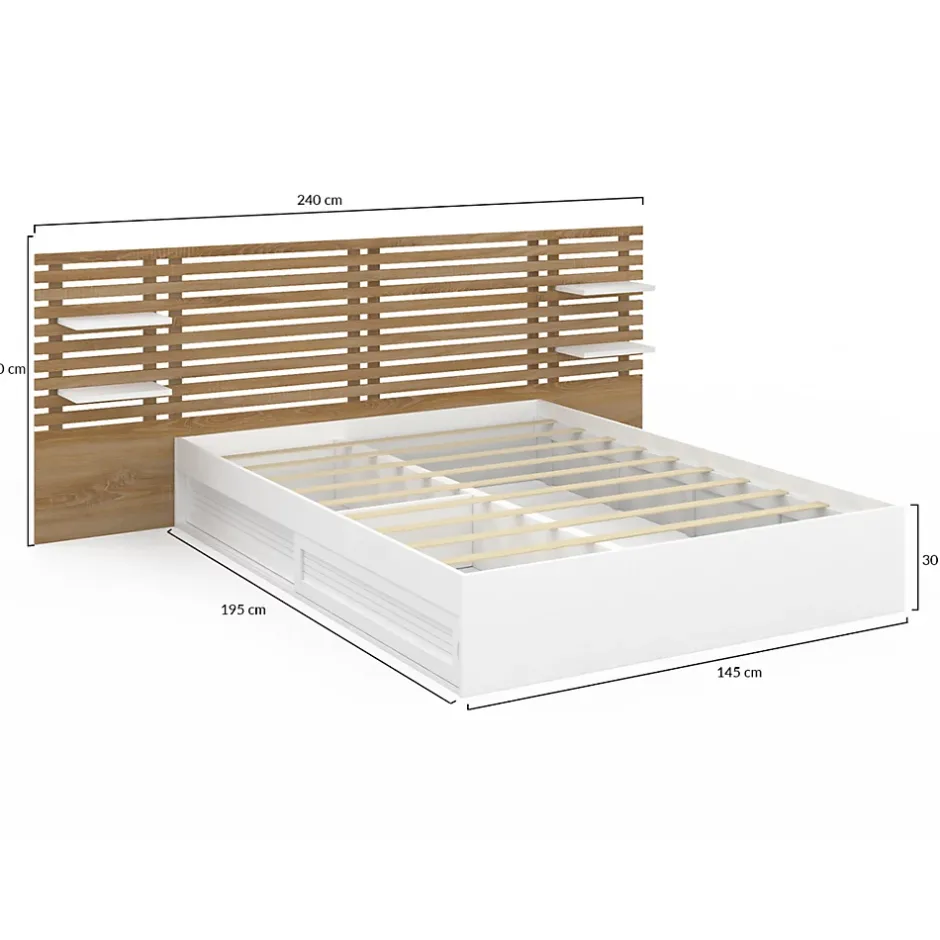 IDMarket Lit double SAVANA avec tête de lit, chevets, rangements et sommier 140 x 190 cm blanc et façon hêtre Discount