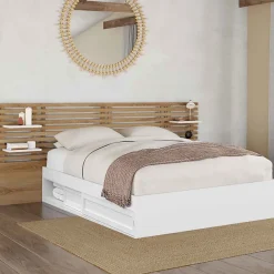IDMarket Lit double SAVANA avec tête de lit, chevets, rangements et sommier 140 x 190 cm blanc et façon hêtre Discount