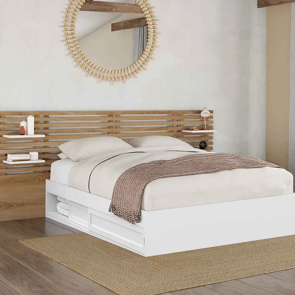 IDMarket Lit double SAVANA avec tête de lit, chevets, rangements et sommier 140 x 190 cm blanc et façon hêtre Discount