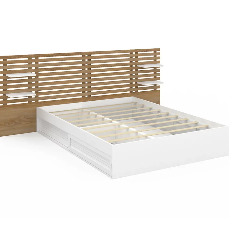 IDMarket Lit double SAVANA avec tête de lit, chevets, rangements et sommier 140 x 190 cm blanc et façon hêtre Discount