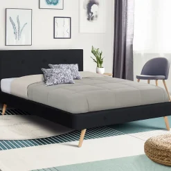 IDMarket Lit double scandinave OSLO avec tête de lit et sommier 140 x 190 cm tissu noir Best