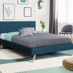 IDMarket Lit double scandinave OSLO avec tête de lit et sommier 160 x 200 cm tissu bleu canard