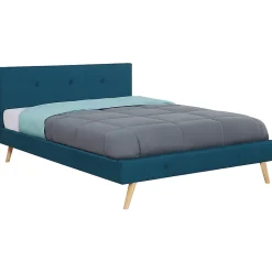 IDMarket Lit double scandinave OSLO avec tête de lit et sommier 160 x 200 cm tissu bleu canard