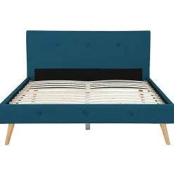 IDMarket Lit double scandinave OSLO avec tête de lit et sommier 160 x 200 cm tissu bleu canard