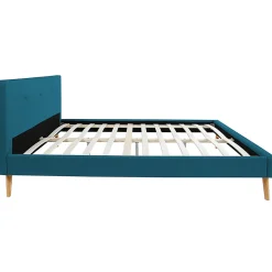 IDMarket Lit double scandinave OSLO avec tête de lit et sommier 140 x 190 cm tissu bleu canard
