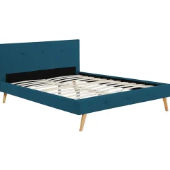 IDMarket Lit double scandinave OSLO avec tête de lit et sommier 140 x 190 cm tissu bleu canard