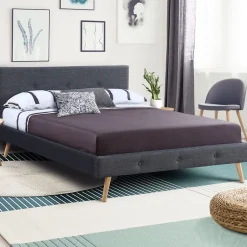 IDMarket Lit double scandinave OSLO avec tête de lit et sommier 160 x 200 cm tissu gris anthracite
