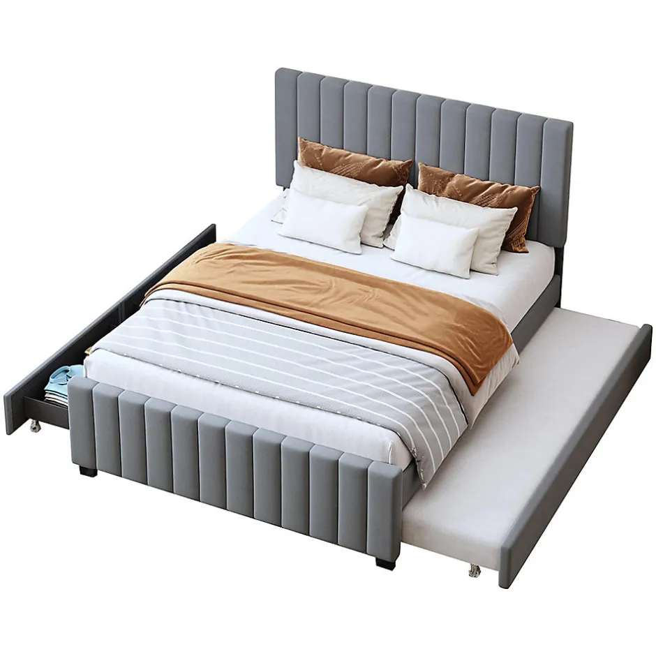 Enfant Blackcolors Lit double velours 140x190 cm, lit gigogne, 2 tiroirs - gris