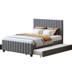 Enfant Blackcolors Lit double velours 140x190 cm, lit gigogne, 2 tiroirs - gris