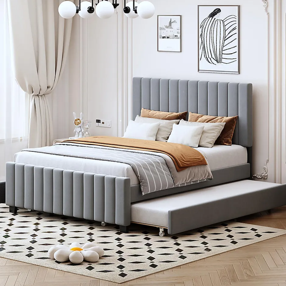 Enfant Blackcolors Lit double velours 140x190 cm, lit gigogne, 2 tiroirs - gris