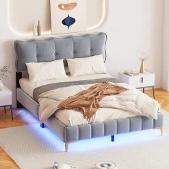 Okwish Lit Double 140x200 - Lit avec Éclairage LED, avec Sommier À Lattes, Sans Matelas, Velours Gris et Pieds Métalliques