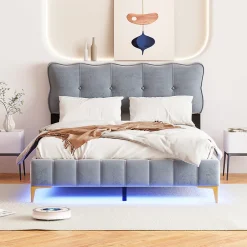 Okwish Lit Double 140x200 - Lit avec Éclairage LED, avec Sommier À Lattes, Sans Matelas, Velours Gris et Pieds Métalliques
