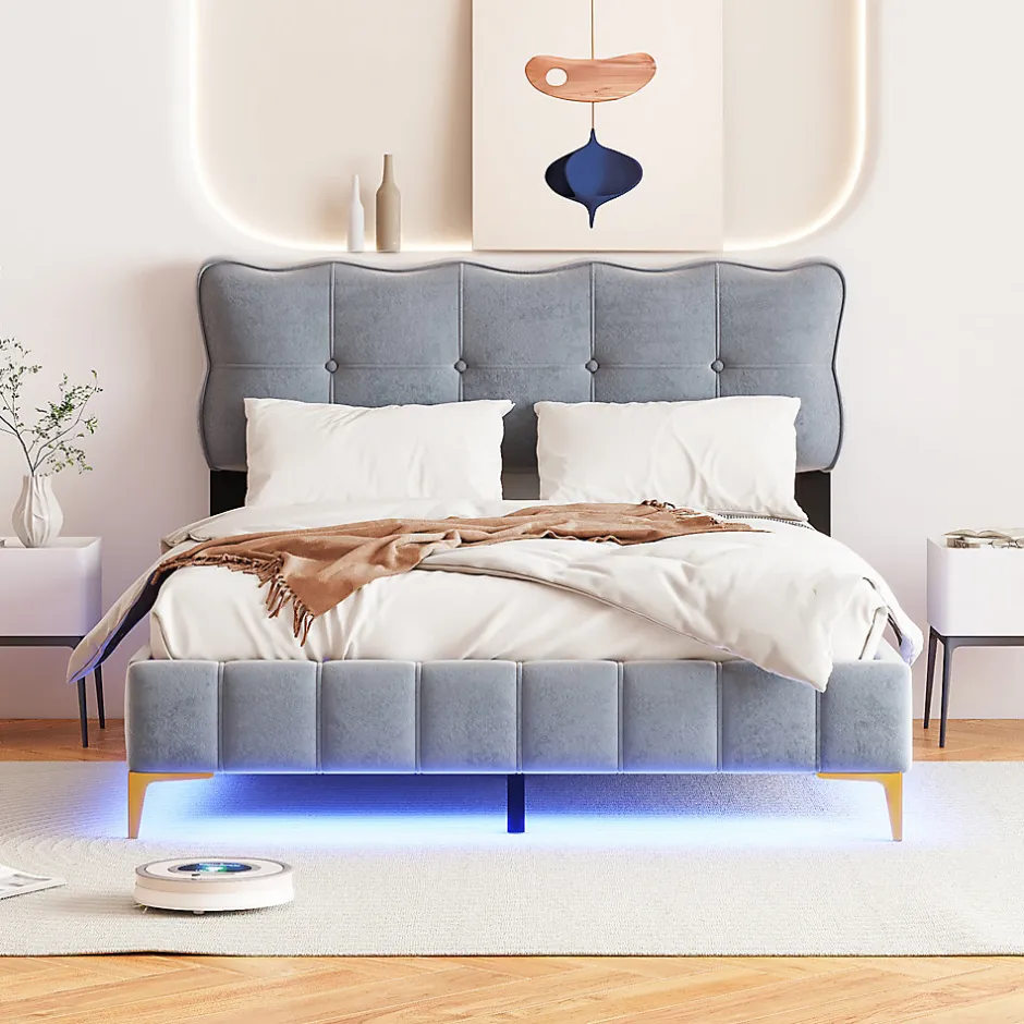 Okwish Lit Double 140x200 - Lit avec Éclairage LED, avec Sommier À Lattes, Sans Matelas, Velours Gris et Pieds Métalliques