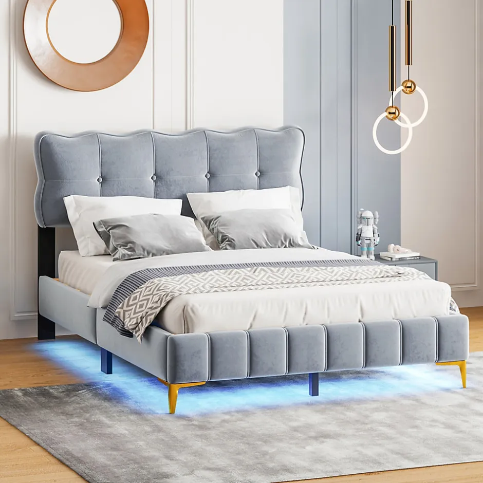 Okwish Lit Double 140x200 - Lit avec Éclairage LED, avec Sommier À Lattes, Sans Matelas, Velours Gris et Pieds Métalliques
