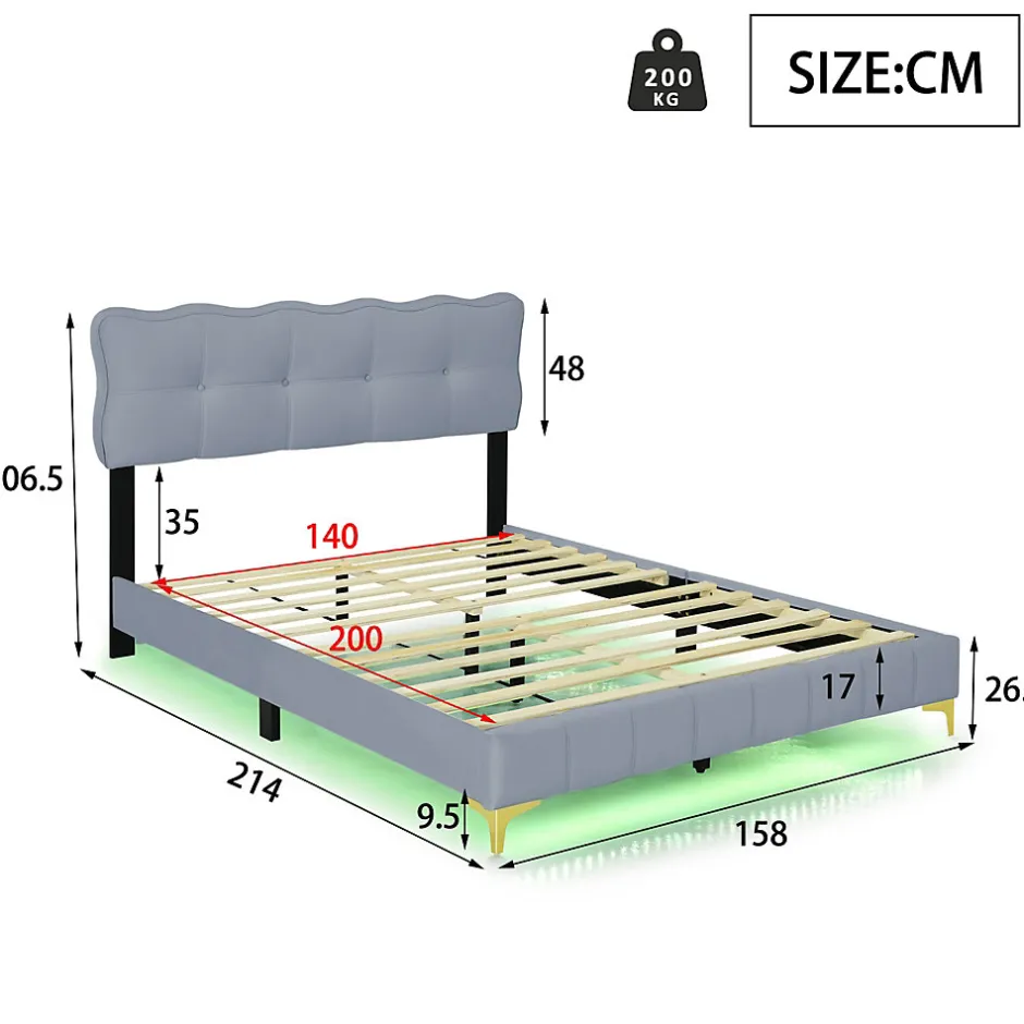 Okwish Lit Double 140x200 - Lit avec Éclairage LED, avec Sommier À Lattes, Sans Matelas, Velours Gris et Pieds Métalliques