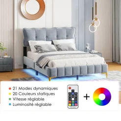 Okwish Lit Double 140x200 - Lit avec Éclairage LED, avec Sommier À Lattes, Sans Matelas, Velours Gris et Pieds Métalliques