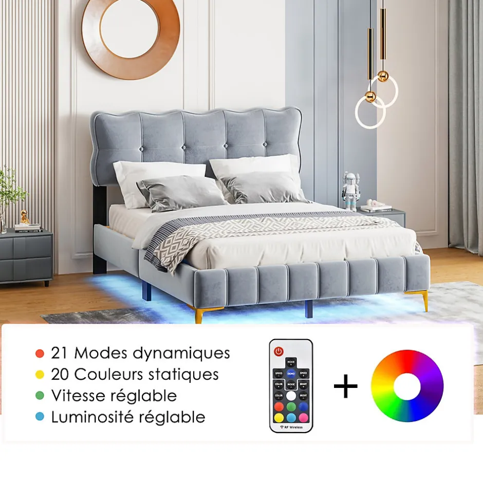 Okwish Lit Double 140x200 - Lit avec Éclairage LED, avec Sommier À Lattes, Sans Matelas, Velours Gris et Pieds Métalliques