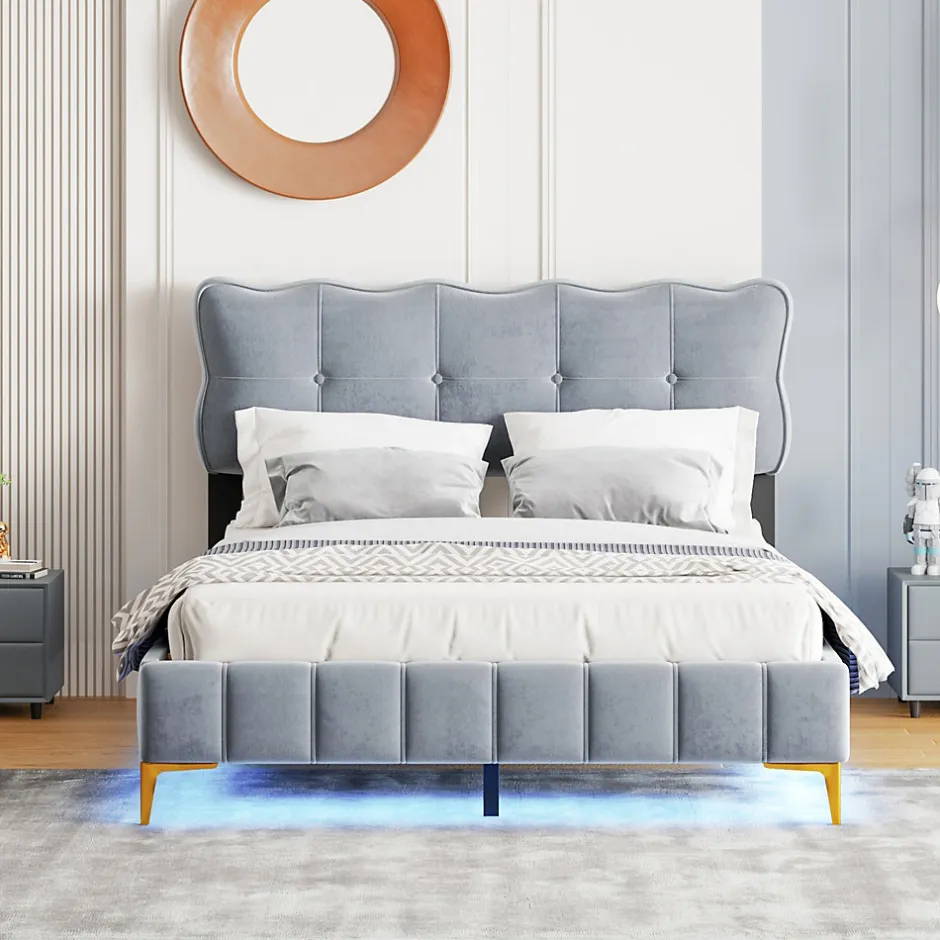 Okwish Lit Double 140x200 - Lit avec Éclairage LED, avec Sommier À Lattes, Sans Matelas, Velours Gris et Pieds Métalliques