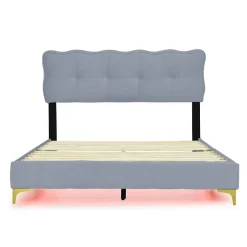 Okwish Lit Double 140x200 - Lit avec Éclairage LED, avec Sommier À Lattes, Sans Matelas, Velours Gris et Pieds Métalliques
