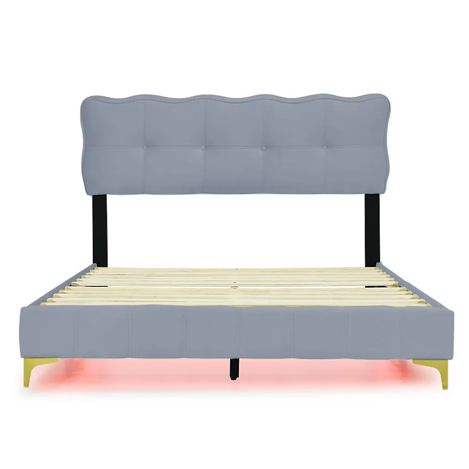 Okwish Lit Double 140x200 - Lit avec Éclairage LED, avec Sommier À Lattes, Sans Matelas, Velours Gris et Pieds Métalliques
