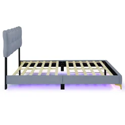 Okwish Lit Double 140x200 - Lit avec Éclairage LED, avec Sommier À Lattes, Sans Matelas, Velours Gris et Pieds Métalliques