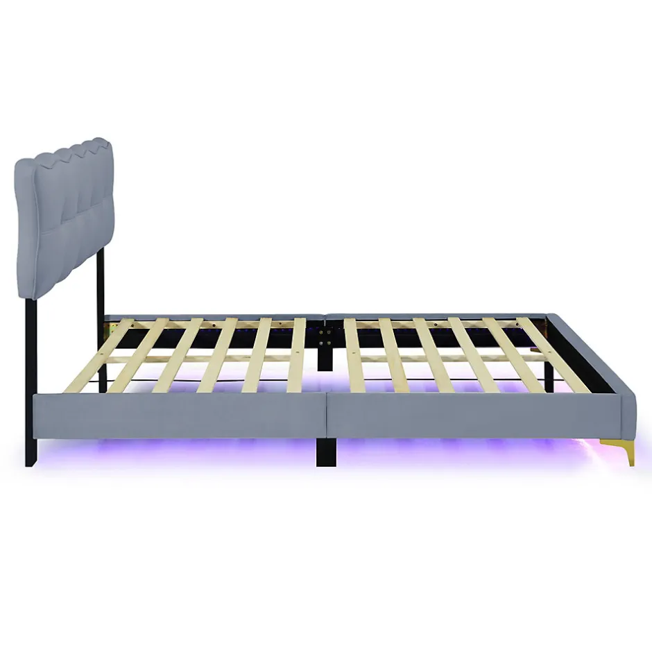 Okwish Lit Double 140x200 - Lit avec Éclairage LED, avec Sommier À Lattes, Sans Matelas, Velours Gris et Pieds Métalliques