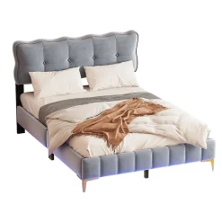 Okwish Lit Double 140x200 - Lit avec Éclairage LED, avec Sommier À Lattes, Sans Matelas, Velours Gris et Pieds Métalliques