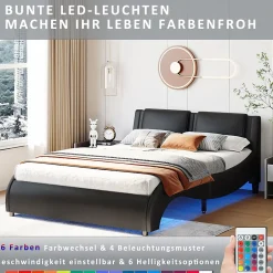 Okwish Lit Double 140x200 - Lit avec Éclairage LED et Sommier À Lattes, Sans Matelas, Simili Cuir Noir Discount