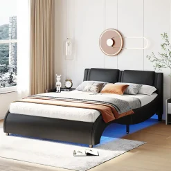 Okwish Lit Double 140x200 - Lit avec Éclairage LED et Sommier À Lattes, Sans Matelas, Simili Cuir Noir Discount